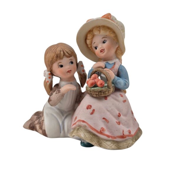 Vintage Ceramic Figurine Two Girls Basket Of Peaches Hand Painted Collectible - Picture 10 of 10